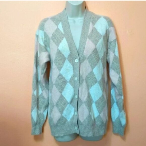 Vintage Dana Brooke lambswool angora argyle academia preppy retro cardigan M - Picture 1 of 7